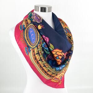 Gucci Womens Navy Pink Floral Matador Silk Square Scarf 33”